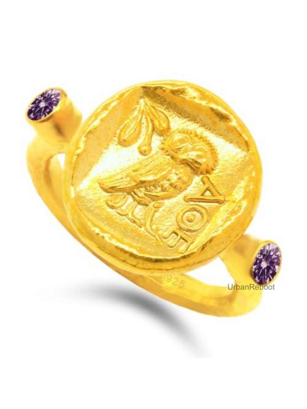 925 Sterling Silver Signet Ring Ancient Greek Owl Coin 24K Gold Vermeil